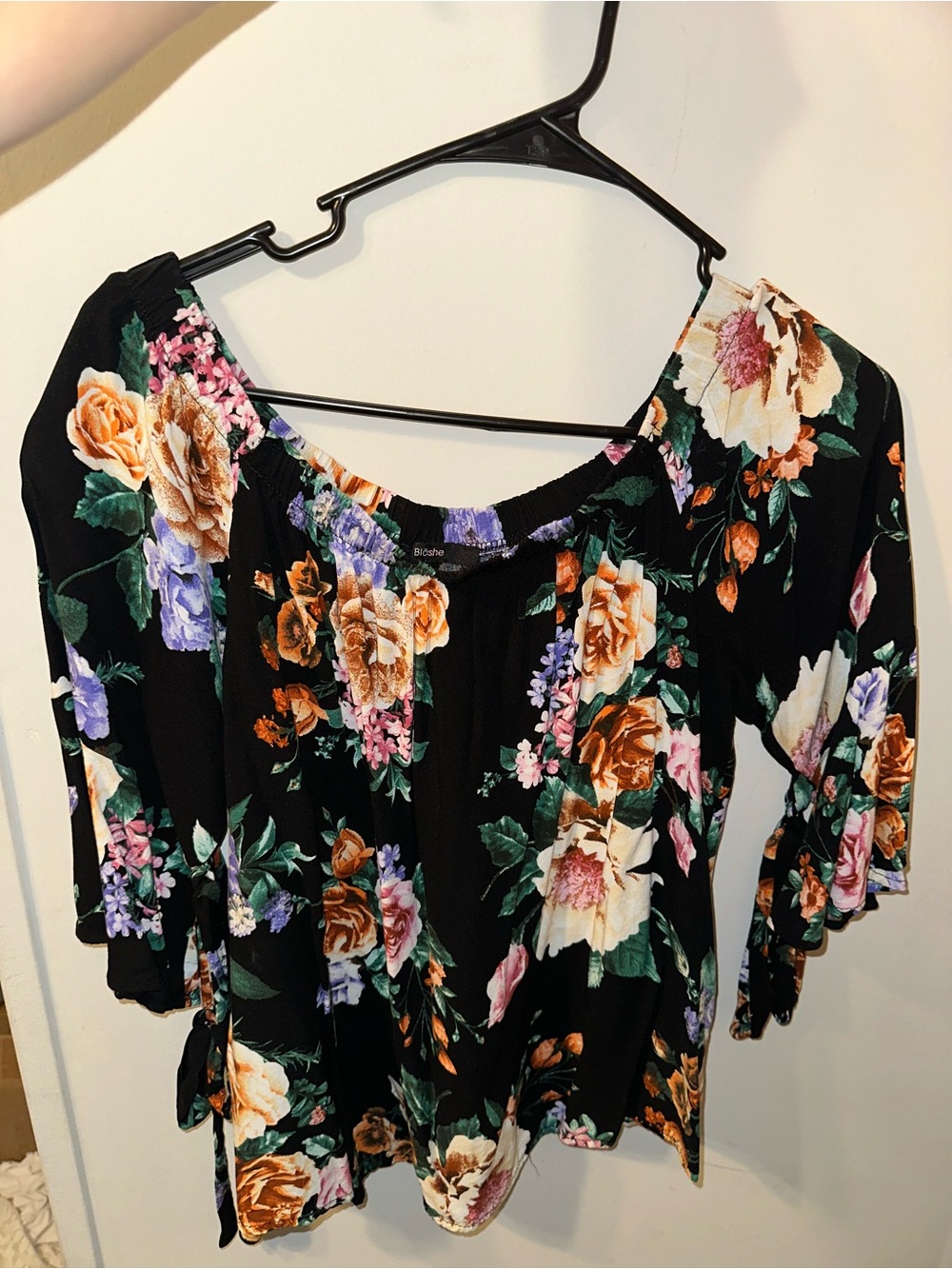 Off-Shoulder Floral Blouse in Black with Multi-Color Blooms